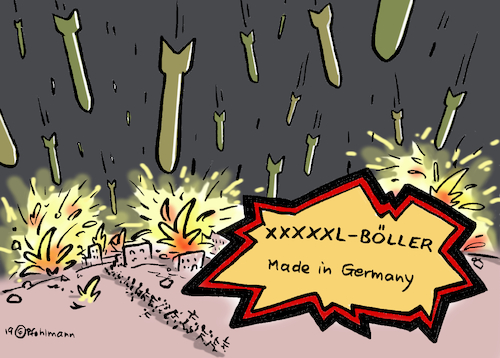 Cartoon: Deutsche Böller (medium) by Pfohlmann tagged 2019,deutschland,rüstung,rüstungsexporte,böller,silvester,raketen,ausfuhren,waffenexport,rekord,2019,deutschland,rüstung,rüstungsexporte,böller,silvester,raketen,ausfuhren,waffenexport,rekord