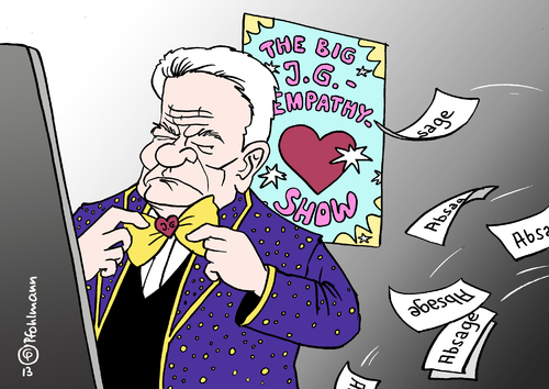 Cartoon: Die Gauck-Show (medium) by Pfohlmann tagged karikatur,cartoon,color,farbe,2013,deutschland,gauck,bundespräsident,nsu,morde,empathie,empathy,show,selbstdarstellung,spiegel,fliege,absagen,einladungen,anghörige,opfer,hinterbliebene,ausländerfeindlichkeit,rechtsradikalismus,terrorzelle,zwickauer,rechtsradikal,ausländerfeindlich,terror,rechts,karikatur,cartoon,color,farbe,2013,deutschland,gauck,bundespräsident,nsu,morde,empathie,empathy,show,selbstdarstellung,spiegel,fliege,absagen,einladungen,anghörige,opfer,hinterbliebene,ausländerfeindlichkeit,rechtsradikalismus,terrorzelle,zwickauer,rechtsradikal,ausländerfeindlich,terror,rechts