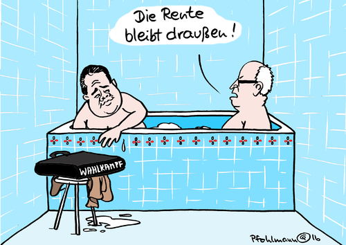 Cartoon: Die Rente bleibt draußen (medium) by Pfohlmann tagged karikatur,cartoon,2016,color,große,koalition,spd,wahlkampf,cdu,rentner,rente,altersarmut,alte,rentenbeiträge,rentenerhöhung,rentenreform,ente,loriot,badewanne,herren,bundestagswahl,kauder,gabriel,karikatur,cartoon,2016,color,große,koalition,spd,wahlkampf,cdu,rentner,rente,altersarmut,alte,rentenbeiträge,rentenerhöhung,rentenreform,ente,loriot,badewanne,herren,bundestagswahl,kauder,gabriel