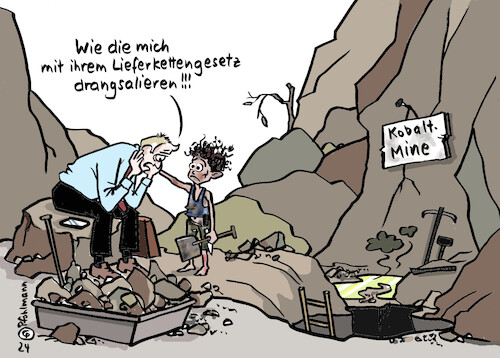 Cartoon: Drangsal (medium) by Pfohlmann tagged lieferkettengesetz,lieferkette,wirtschaft,ausbeutung,kinderarbeit,kobalt,seltene,erden,rohstoffe,ampel,bundesregierung,bürokratie,jammern,profit,ethik,firmen,unternehmen,unternehmer,smartphone,industrie,produktion,herstellung,herkunft,lieferkettengesetz,lieferkette,wirtschaft,ausbeutung,kinderarbeit,kobalt,seltene,erden,rohstoffe,ampel,bundesregierung,bürokratie,jammern,profit,ethik,firmen,unternehmen,unternehmer,smartphone,industrie,produktion,herstellung,herkunft