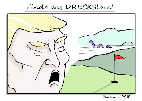 Cartoon: Drecksloch (medium) by Pfohlmann tagged karikatur,cartoon,color,farbe,2018,usa,global,trump,drecksloch,ausländer,einwanderer,afrika,haiti,beschimpfung,loch,ness,nessie,golf,golfplatz,un,rassismus,suchbild,suche,das,karikatur,cartoon,color,farbe,2018,usa,global,trump,drecksloch,ausländer,einwanderer,afrika,haiti,beschimpfung,loch,ness,nessie,golf,golfplatz,un,rassismus,suchbild,suche,das