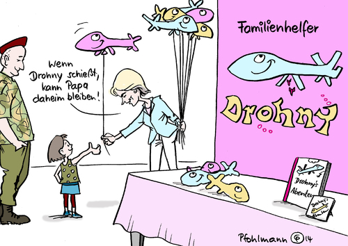 Cartoon: Drohny (medium) by Pfohlmann tagged karikatur,cartoon,color,farbe,2014,deutschland,von,der,leyen,verteidigungsministerin,drohnen,anschaffung,beschaffung,bundeswehr,kampfdrohnen,luftballons,drohny,familie,familienfreundlichkeit,arbeitgeber,kinder,vater,papa,unbemannt,töten,maskottchen,karikatur,cartoon,color,farbe,2014,deutschland,von,der,leyen,verteidigungsministerin,drohnen,anschaffung,beschaffung,bundeswehr,kampfdrohnen,luftballons,drohny,familie,familienfreundlichkeit,arbeitgeber,kinder,vater,papa,unbemannt,töten,maskottchen