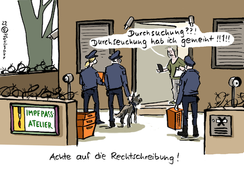 Cartoon: Durchsuchung - Durchseuchung (medium) by Pfohlmann tagged corona,pandemie,coronaleugner,impfpflicht,impfpass,fälschung,fälscher,durchsuchung,durchseuchung,polizei,kriminalität,betrug,gesundheit,krankheit,corona,pandemie,coronaleugner,impfpflicht,impfpass,fälschung,fälscher,durchsuchung,durchseuchung,polizei,kriminalität,betrug,gesundheit,krankheit