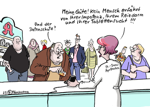 Cartoon: E-Rezept Datenschutz (medium) by Pfohlmann tagged medizin,apotheke,rezept,erezept,digitalisierung,digital,datenschutz,patient,apothekerin,privatsphäre,versichertenkarte,krankenkasse,technologie,medizin,apotheke,rezept,erezept,digitalisierung,digital,datenschutz,patient,apothekerin,privatsphäre,versichertenkarte,krankenkasse,technologie