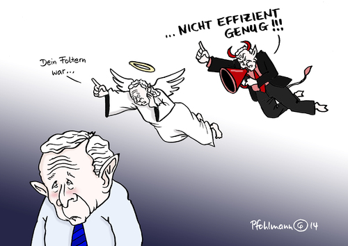 Cartoon: Effizienz-Gewissen (medium) by Pfohlmann tagged karikatur,cartoon,2014,color,farbe,usa,george,bush,präsident,uspräsident,folter,cia,gewissen,effizienz,effizient,engel,teufel,geheimdienst,antiterrorkampf,terror,terroristen,karikatur,cartoon,2014,color,farbe,usa,george,bush,präsident,uspräsident,folter,cia,gewissen,effizienz,effizient,engel,teufel,geheimdienst,antiterrorkampf,terror,terroristen