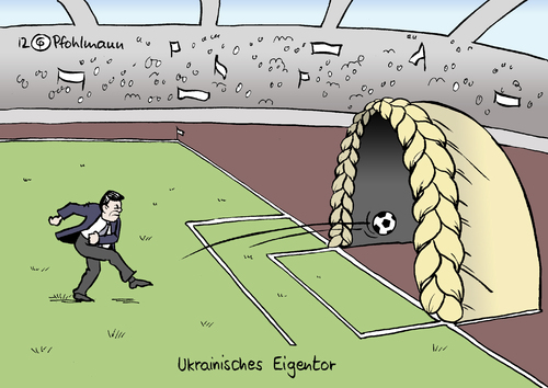 Cartoon: Eigentor (medium) by Pfohlmann tagged karikatur,color,farbe,2012,ukraine,fußball,eigentor,boykott,frisur,zopf,em,euro,europameisterschaft,timoschenko,hungerstreik,gefängnis,haft,uefa,ausrichter,gastgeber,ausreise,behandlung,2012,ukraine,fußball,timoschenko,europameisterschaft,em