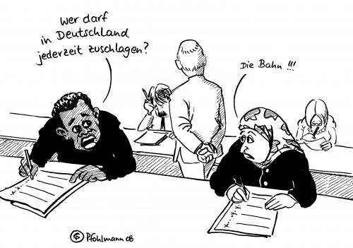 Cartoon: Einbürgerungstest (medium) by Pfohlmann tagged einbürgerungstest,einbürgerung,einwanderer,zuwanderer,migrant,test,zuschlag,bahn,db,einbürgerungstest,einbürgerung,ausländer,deutschland,integration,migration,staatsbürgerschaft,aufenthaltserlaubnis,aufenthaltsgenehmigung,bürger,zuwanderungsgesetz,zuwanderung,ausländergesetz,stag,fragenkatalog,test,prüfung,prüfungsfragen,einbürgerungsamt,baumarkt,wohnsitz,einwanderung,immigration,immigranten,deutsche bahn,zug,einwanderer,zuwanderer,zuschlag,bahn,db,deutsche