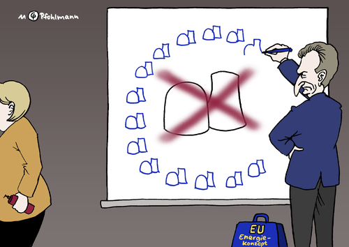 Cartoon: Energie-Konzept Oettinger (medium) by Pfohlmann tagged karikatur,color,farbe,2011,europa,deutschland,merkel,oettinger,atomausstieg,atomkraft,energiekonzept,road,map,eu,kommission,kommissar,kernkraft,akw,zeichnen,europa,deutschland,merkel,oettinger,atomausstieg,atomkraft,energiekonzept,kommissar,kernkraft,akw,kommission,eu,map