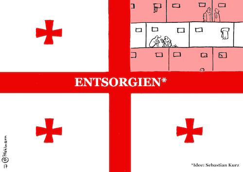 Cartoon: Entsorgien (medium) by Pfohlmann tagged karikatur,cartoon,2017,color,farbe,österreich,georgien,flüchtlinge,flüchtlingskrise,asyl,lager,flüchtlingslager,außenminister,sebastian,kurz,vorschlag,idee,eu,europa,migration,flagge,fahne,entsorgien,entsorgen,auslagern,außengrenzen,karikatur,cartoon,2017,color,farbe,österreich,georgien,flüchtlinge,flüchtlingskrise,asyl,lager,flüchtlingslager,außenminister,sebastian,kurz,vorschlag,idee,eu,europa,migration,flagge,fahne,entsorgien,entsorgen,auslagern,außengrenzen