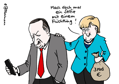 Cartoon: Erdogan Selfie (medium) by Pfohlmann tagged karikatur,cartoon,2016,color,farbe,deutschland,türkei,bundeskanzlerin,besuch,erdogan,selfie,foto,willkommen,flüchtlinge,flüchtling,syrer,asyl,asylbewerber,eu,hilfe,geld,grenze,sichern,außengrenze,griechenland,handy,smartphone,zusagen,gegenleistung,karikatur,cartoon,2016,color,farbe,deutschland,türkei,bundeskanzlerin,besuch,erdogan,selfie,foto,willkommen,flüchtlinge,flüchtling,syrer,asyl,asylbewerber,eu,hilfe,geld,grenze,sichern,außengrenze,griechenland,handy,smartphone,zusagen,gegenleistung