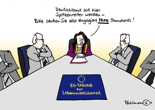 Cartoon: EU-Standards (medium) by Pfohlmann tagged aigner,eu,europa,lebensmittel,kontrolle,standards,lebensmittelsicherheit,agrarminister,landwirtschaftsminister,landwirtschaft,verbraucher,verbraucherschutz,dioxin,skandal,futtermittel,futtermittelindustrie,agrarindustrie,aigner,eu,europa,lebensmittel,kontrolle,standards,lebensmittelsicherheit,agrarminister,landwirtschaftsminister,landwirtschaft,verbraucher,verbraucherschutz,skandal,dioxin,futtermittel,futtermittelindustrie,agrarindustrie