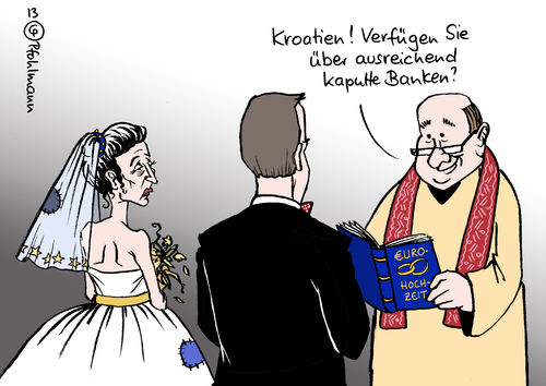 Cartoon: EU Hochzeit Kroatien (medium) by Pfohlmann tagged karikatur,cartoon,color,farbe,2013,kroatien,eu,beitritt,aufnahme,europa,euro,euroraum,braut,bräutigam,hochzeit,pfarrer,priester,ehe,eheschließung,ja,jawort,banken,bankenkrise,eurokrise,schuldenkrise,bankensystem,karikatur,cartoon,color,farbe,2013,kroatien,eu,beitritt,aufnahme,europa,euro,euroraum,braut,bräutigam,hochzeit,pfarrer,priester,ehe,eheschließung,ja,jawort,banken,bankenkrise,eurokrise,schuldenkrise,bankensystem