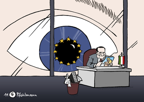 Cartoon: EU watching Berlusconi (medium) by Pfohlmann tagged karikatur,color,farbe,2011,schuldenkrise,italien,berlusconi,staatsschulden,europa,auge,überwachung,kontrolle,beobachtung,euro,eu,rettungsschirm,efsf,hilfspaket,pleite,zahlungsunfähigkeit,insolvenz,sparen,sparprogramm,kreditwürdigkeit,wirtschaftskrise,schulden,reform,einsparungen,italien,berlusconi,staatsschulden,europa,überwachung,schuldenkrise,2011
