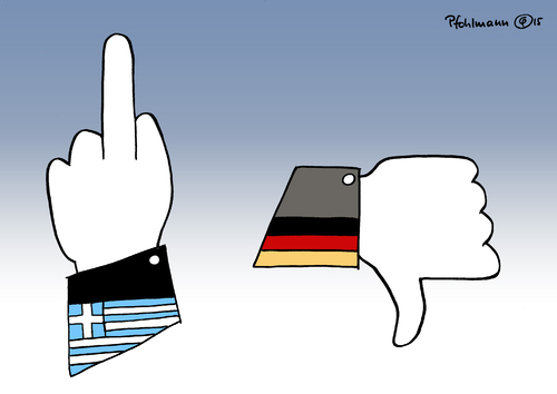 Cartoon: Euro-Gesten (medium) by Pfohlmann tagged karikatur,cartoon,2015,color,farbe,deutschland,griechenland,varoufakis,mittelfinger,stinkefinger,like,gesten,finger,hände,finanzminister,schuldenkrise,reformen,rückzahlung,forderung,eu,europa,schuldenberg,schulden,liquidität,reparationen,karikatur,cartoon,2015,color,farbe,deutschland,griechenland,varoufakis,mittelfinger,stinkefinger,like,gesten,finger,hände,finanzminister,schuldenkrise,reformen,rückzahlung,forderung,eu,europa,schuldenberg,schulden,liquidität,reparationen