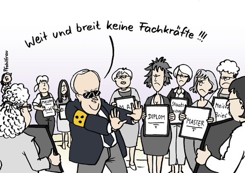 Cartoon: Fachkräftemangel (medium) by Pfohlmann tagged fachkräfte,fachkräftemangel,arbeitsmarkt,brüderle,fdp,wirtschaftsminister,arbeitslose,frauen,qualifiziert,blind,blindenbinde,ausland,ausländer,begrüßungsgeld,fachkräftemangel,zuwanderung,brüderle,wirtschaftsminister,frachkraft,mangel,wirtschaft,minister,personal,bundeswirtschaftsminister,experten,beruf,qualifikation,qualifiziert,blind,blindenbinde,frauen,arbeitslose,fdp,arbeitsmarkt,fachkräfte,job,karriere