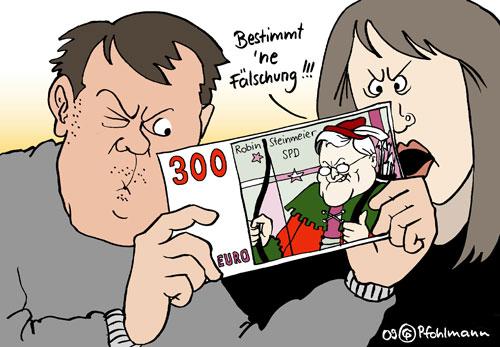 Cartoon: Fälschung (medium) by Pfohlmann tagged steinmeier,spd,lohnsteuer,steuer,steuerpolitik,wahlkampf,wahlgeschenk,300,euro,blüte,geldschein,banknote,robin,hood