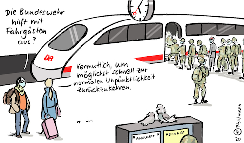 Cartoon: Fahrsoldaten (medium) by Pfohlmann tagged 2020,deutschland,bahn,db,bundeswehr,corona,coronapandemie,fahrgäste,pünktlichkeit,unpünktlichkeit,auslastung,zug,ice,bahnhof,verspätung,2020,deutschland,bahn,db,bundeswehr,corona,coronapandemie,fahrgäste,pünktlichkeit,unpünktlichkeit,auslastung,zug,ice,bahnhof,verspätung