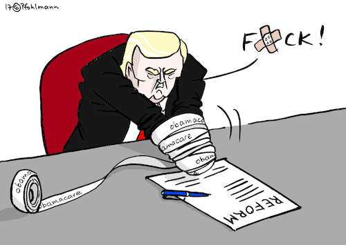 Cartoon: FCK Obamacare (medium) by Pfohlmann tagged karikatur,cartoon,color,farbe,2017,usa,trump,präsident,fuck,obamacare,krankenversicherung,reform,abschaffung,scheitern,verband,hände,gebunden,wahlversprechen,pflaster,medizin,gesundheitssystem,obama,unterschrift,karikatur,cartoon,color,farbe,2017,usa,trump,präsident,fuck,obamacare,krankenversicherung,reform,abschaffung,scheitern,verband,hände,gebunden,wahlversprechen,pflaster,medizin,gesundheitssystem,obama,unterschrift