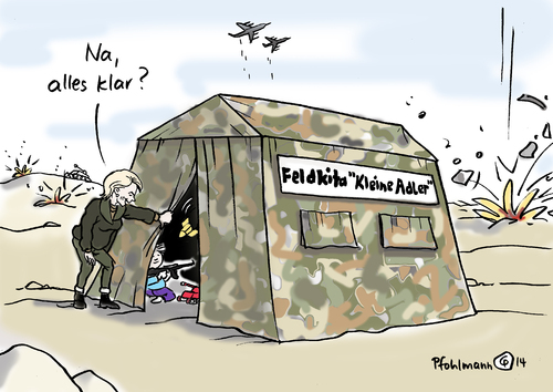 Cartoon: Feld-Kita (medium) by Pfohlmann tagged karikatur,cartoon,color,farbe,2014,deutschland,von,der,leyen,auslandseinsätze,bundeswehr,familienfreundlichkeit,familienfreundlich,kita,kinderbetreuung,militär,krieg,kriegseinsatz,familienpolitik,truppe,verteidigungsministerin,zelt,mannschaftszelt,karikatur,cartoon,color,farbe,2014,deutschland,von,der,leyen,auslandseinsätze,bundeswehr,familienfreundlichkeit,familienfreundlich,kita,kinderbetreuung,militär,krieg,kriegseinsatz,familienpolitik,truppe,verteidigungsministerin,zelt,mannschaftszelt