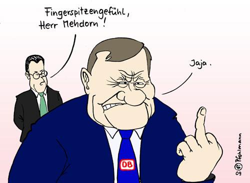Cartoon: Fingerspitzengefühl (medium) by Pfohlmann tagged db,deutsche,bahn,mehdorn,fingerspitzengefühl,zu,guttenberg,wirtschaftsminisiter,bonus,boni,abfindung