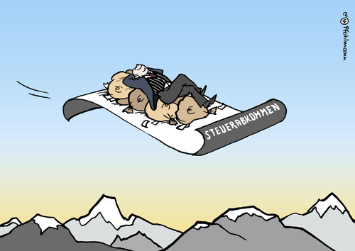 Cartoon: Fliegender Teppich (medium) by Pfohlmann tagged karikatur,color,farbe,2012,deutschland,schweiz,steuerabkommen,steuer,steuern,steuerhinterziehung,nachbesteuerung,steuersünder,teppich,fliegender,alpen,berge,2012,deutschland,schweiz,steuerabkommen,steuer,steuern,nachbesteuerung