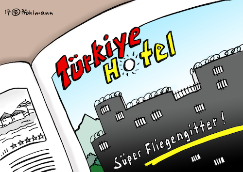 Cartoon: Fliegengitterhotel (medium) by Pfohlmann tagged karikatur,cartoon,color,farbe,2017,deutschland,türkei,tourismus,reisewarnung,reisehinweis,beziehungen,katalog,hotel,gefängnis,verhaftung,verhaftungen,reisende,warnung,erdogan,präsident,spannungen,türkiye,fliegengitter,gitter,karikatur,cartoon,color,farbe,2017,deutschland,türkei,tourismus,reisewarnung,reisehinweis,beziehungen,katalog,hotel,gefängnis,verhaftung,verhaftungen,reisende,warnung,erdogan,präsident,spannungen,türkiye,fliegengitter,gitter