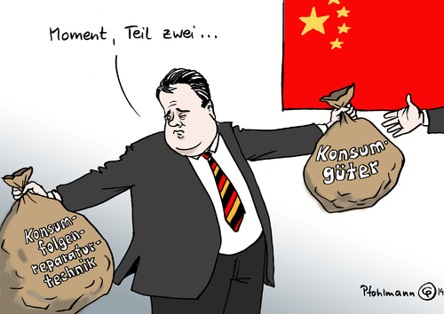 Cartoon: Gabriels Güter (medium) by Pfohlmann tagged karikatur,cartoon,farbe,color,2014,deutschland,china,wirtschaftsminister,gabriel,konsumgüter,wirtschaftsdelegation,staatsbesuch,besuch,umwelttechnik,technik,konsum,umweltverschmutzung,smog,verkauf,güter,säcke,teil,zwei,zweiter,reparatur,reparieren,karikatur,cartoon,farbe,color,2014,deutschland,china,wirtschaftsminister,gabriel,konsumgüter,wirtschaftsdelegation,staatsbesuch,besuch,umwelttechnik,technik,konsum,umweltverschmutzung,smog,verkauf,güter,säcke,teil,zwei,zweiter,reparatur,reparieren