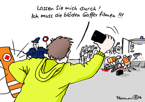 Cartoon: Gaffer filmen (medium) by Pfohlmann tagged karikatur,cartoon,2016,color,farbe,deutschland,gesetz,strafe,gaffer,unfall,behinderung,rettungskräfte,filmen,posten,fotografieren,foto,handy,smartphone,kamera,schaulustige,facebook,netz,internet,veröffentlichen,opfer,unfallopfer,karikatur,cartoon,2016,color,farbe,deutschland,gesetz,strafe,gaffer,unfall,behinderung,rettungskräfte,filmen,posten,fotografieren,foto,handy,smartphone,kamera,schaulustige,facebook,netz,internet,veröffentlichen,opfer,unfallopfer