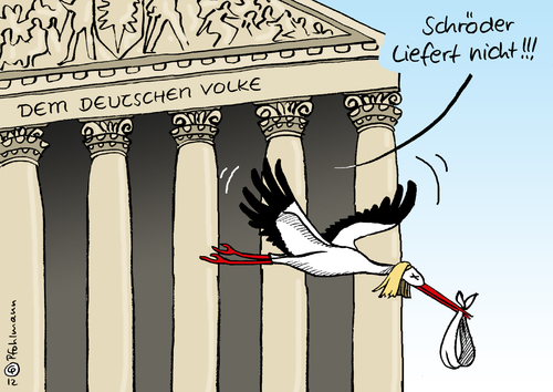 Cartoon: Geburtenrate (medium) by Pfohlmann tagged bevölkerung,inschrift,volk,reichstag,elterngeld,geburtenrate,rückgang,demographie,babys,nachwuchs,kinder,familienpolitik,familienministerin,storch,schröder,deutschland,2012,farbe,color,karikatur,2012,deutschland,schröder,storch,familienministerin,kinder,nachwuchs,babys