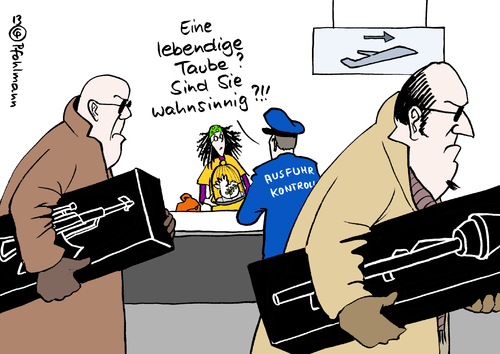 Cartoon: Gefährlicher Export (medium) by Pfohlmann tagged karikatur,cartoon,color,farbe,2013,deutschland,un,waffenexporte,waffenlieferungen,ausfuhr,krieg,menschenrechte,menschenrechtsverletzungen,export,exporte,taube,friedenstaube,waffenhändler,flughafen,kontrolle,kriegsgebiete,karikatur,cartoon,color,farbe,2013,deutschland,un,waffenexporte,waffenlieferungen,ausfuhr,krieg,menschenrechte,menschenrechtsverletzungen,export,exporte,taube,friedenstaube,waffenhändler,flughafen,kontrolle,kriegsgebiete