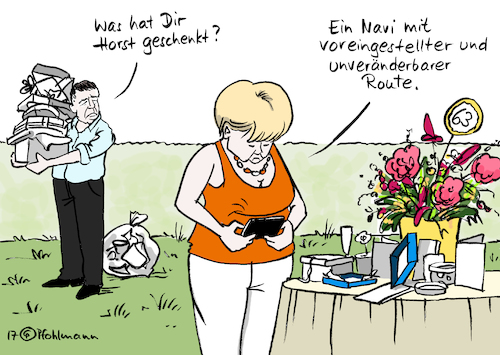 Cartoon: Geschenk von Horst (medium) by Pfohlmann tagged karikatur,cartoon,color,farbe,2017,deutschland,bundeskanzlerin,merkel,geburtstag,63,geschenk,geschenke,horst,seehofer,csu,navi,navigationsgerät,bayernplan,wahlkampf,bundestagswahl,union,route,alternativlos,unveränderbar,voreingestellt,joachim,sauer,karikatur,cartoon,color,farbe,2017,deutschland,bundeskanzlerin,merkel,geburtstag,63,geschenk,geschenke,horst,seehofer,csu,navi,navigationsgerät,bayernplan,wahlkampf,bundestagswahl,union,route,alternativlos,unveränderbar,voreingestellt,joachim,sauer