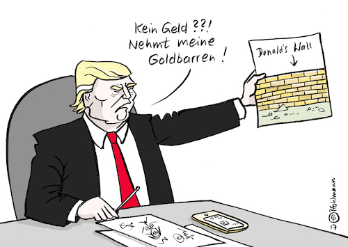 Cartoon: Goldbarrenmauer (medium) by Pfohlmann tagged karikatur,cartoon,2017,color,farbe,usa,trump,präsident,mauer,mauerpläne,mexiko,haushalt,verschiebung,mauerbau,goldbarren,vermögen,donald,donalds,wall,karikatur,cartoon,2017,color,farbe,usa,trump,präsident,mauer,mauerpläne,mexiko,haushalt,verschiebung,mauerbau,goldbarren,vermögen,donald,donalds,wall