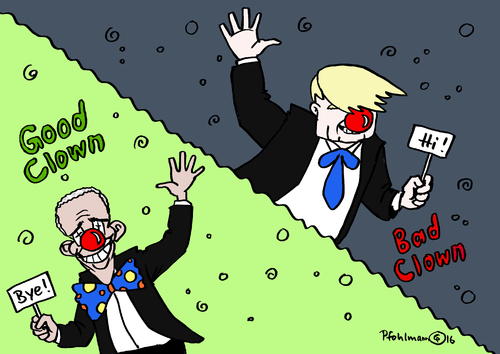 Cartoon: Good Clown Bad Clown (medium) by Pfohlmann tagged karikatur,cartoon,2016,color,deutschland,usa,obama,trump,wahlkampf,clown,witze,witzig,humor,spaß,späße,abschied,präsident,auftritt,rede,satire,republikaner,präsidentschaftswahlen,wahlen,vorwahlen,kandidaten,good,bad,karikatur,cartoon,2016,color,deutschland,usa,obama,trump,wahlkampf,clown,witze,witzig,humor,spaß,späße,abschied,präsident,auftritt,rede,satire,republikaner,präsidentschaftswahlen,wahlen,vorwahlen,kandidaten,good,bad