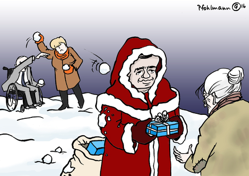 Cartoon: Griechische Rentner-Weihnacht (medium) by Pfohlmann tagged karikatur,cartoon,2016,color,farbe,griechenland,tsipras,ministerpräsident,deutschland,schäuble,merkel,geschenk,geld,weihnachten,weihnachtsgeld,weihnachtsmann,rentner,sack,schnee,schneeball,schneebälle,eu,schuldenkrise,finanzpolitik,karikatur,cartoon,2016,color,farbe,griechenland,tsipras,ministerpräsident,deutschland,schäuble,merkel,geschenk,geld,weihnachten,weihnachtsgeld,weihnachtsmann,rentner,sack,schnee,schneeball,schneebälle,eu,schuldenkrise,finanzpolitik