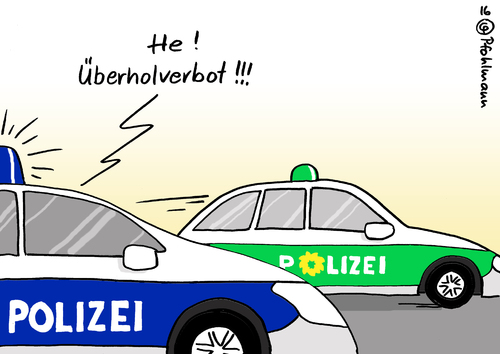 Cartoon: Grüne Polizei (medium) by Pfohlmann tagged karikatur,cartoon,2016,color,farbe,deutschland,polizei,aufstockung,grüne,streifenfahrzeug,polizisten,anzahl,überholverbot,überholen,regierung,opposition,innere,sicherheit,karikatur,cartoon,2016,color,farbe,deutschland,polizei,aufstockung,grüne,streifenfahrzeug,polizisten,anzahl,überholverbot,überholen,regierung,opposition,innere,sicherheit