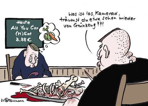 Cartoon: Grünzeug (medium) by Pfohlmann tagged grünzeug,fleisch,fleischkonsum,wurst,kamerad,rechtsextrem,afd,steuer,tierwohl,landwirtschaft,ernährung,ernährungsstrategie,klimaschutz,gemüse,trotz,essen,grüne,grünenhass,umwelt,grünzeug,fleisch,fleischkonsum,wurst,kamerad,rechtsextrem,afd,steuer,tierwohl,landwirtschaft,ernährung,ernährungsstrategie,klimaschutz,gemüse,trotz,essen,grüne,grünenhass,umwelt