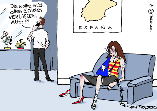 Cartoon: Häusliche Gewalt in Spanien (medium) by Pfohlmann tagged karikatur,cartoon,color,farbe,2017,spanien,rajoy,katalonien,unabhängigkeit,abstimmung,referendum,polizei,verbot,chaos,gewalt,schlagen,häusliche,mann,frau,unterdrückung,emanzipation,separatisten,karikatur,cartoon,color,farbe,2017,spanien,rajoy,katalonien,unabhängigkeit,abstimmung,referendum,polizei,verbot,chaos,gewalt,schlagen,häusliche,mann,frau,unterdrückung,emanzipation,separatisten