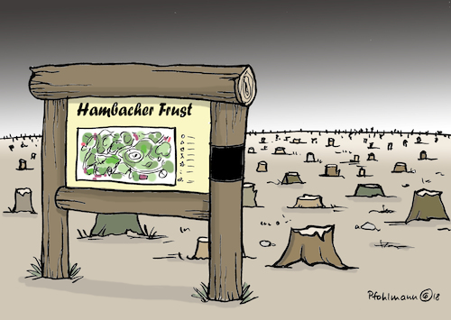 Cartoon: Hambacher Frust (medium) by Pfohlmann tagged karikatur,cartoon,color,farbe,2018,deutschland,hambacher,forst,braunkohle,proteste,baumhäuser,rwe,rodung,widerstand,energiewende,wald,urwald,räumung,besetzer,umwelt,klimaschutz,frust,schild,karte,wanderkarte,natur,bäume,baumstümpfe,karikatur,cartoon,color,farbe,2018,deutschland,hambacher,forst,braunkohle,proteste,baumhäuser,rwe,rodung,widerstand,energiewende,wald,urwald,räumung,besetzer,umwelt,klimaschutz,frust,schild,karte,wanderkarte,natur,bäume,baumstümpfe