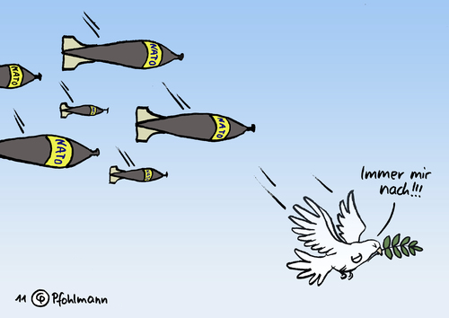 Cartoon: Hier lang! (medium) by Pfohlmann tagged karikatur,color,farbe,2011,libyen,nato,deutschland,friedenstaube,taube,bombe,bomben,krieg,beteiligung,bündnis,verteidigungsbündnis,ziele,libyen,nato,deutschland,friedenstaube,taube,bombe,bomben,krieg,verteidigungsbündnis,ziele