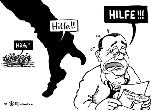 Cartoon: Hilfe! (medium) by Pfohlmann tagged italien,tunesien,flüchtlinge,flucht,boot,berlusconi,prozess,vorladung,hilfe,auffanglager,italien,tunesien,flüchtlinge,flucht,boot,silvio berlusconi,prozess,vorladung,hilfe,silvio,berlusconi