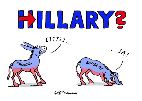 Cartoon: Hillary I-A (medium) by Pfohlmann tagged karikatur,cartoon,2016,color,usa,hillary,clinton,unterstützung,bernie,sanders,konkurrent,demokraten,esel,ia,nominierung,parteitag,präsidentschaftswahlen,präsidenschaftskandidatin,kandidatin,kandidatur,wahlen,karikatur,cartoon,2016,color,usa,hillary,clinton,unterstützung,bernie,sanders,konkurrent,demokraten,esel,ia,nominierung,parteitag,präsidentschaftswahlen,präsidenschaftskandidatin,kandidatin,kandidatur,wahlen