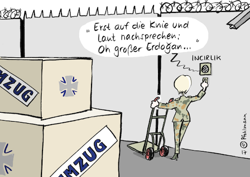 Cartoon: Incirlik Pforte (medium) by Pfohlmann tagged karikatur,cartoon,2017,color,farbe,deutschland,türkei,bundeswehr,standort,incirlik,abzug,verteidigungsminsterin,von,der,leyen,verlegung,soldaten,umzug,jordanien,erdogan,beziehungen,spannungen,bundestagsabgeordnete,abgeordnete,besuchsverbot,pforte,einlass,lautsprecher,karikatur,cartoon,2017,color,farbe,deutschland,türkei,bundeswehr,standort,incirlik,abzug,verteidigungsminsterin,von,der,leyen,verlegung,soldaten,umzug,jordanien,erdogan,beziehungen,spannungen,bundestagsabgeordnete,abgeordnete,besuchsverbot,pforte,einlass,lautsprecher