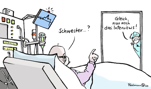 Cartoon: Interview Intensiv (medium) by Pfohlmann tagged 2020,corona,coronapandemie,pandemie,covid19,intensivstation,intensivbetten,krankenhaus,klinik,krankenschwester,krankenpfleger,interview,medien,überlastung,triage,patient,krankheit,gesundheit,2020,corona,coronapandemie,pandemie,covid19,intensivstation,intensivbetten,krankenhaus,klinik,krankenschwester,krankenpfleger,interview,medien,überlastung,triage,patient,krankheit,gesundheit