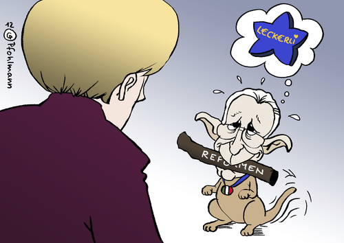 Cartoon: Italienisches Hündchen (medium) by Pfohlmann tagged karikatur,color,farbe,2012,deutschland,italien,monti,ministerpräsident,merkel,bundeskanzlerin,euro,eurokrise,europa,eu,belohnung,sparprogramm,sparen,reformen,hund,hündchen,hundeblick,stöckchen,deutschland,2012,italien,ministerpräsident,bundeskanzlerin,merkel,belohnung,europa,eurokrise,euro