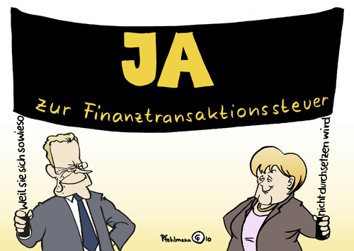 Cartoon: JA zur Steuer! (medium) by Pfohlmann tagged finanzkrise,finanztransaktionssteuer,westerwelle,fdp,merkel,bundeskanzlerin,cdu,schwarz,gelb,koalition,regierung,finanzkrise,finanztransaktionssteuer,guido westerwelle,angela merkel,bundeskanzlerin,cdu,schwarz,regierung,gelb,steuer,guido,westerwelle,angela,merkel