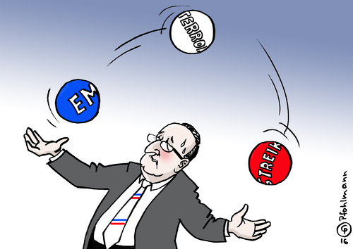 Cartoon: Jongleur Hollande (medium) by Pfohlmann tagged karikatur,cartoon,2016,color,farbe,frankreich,hollande,em,eröffnung,beginn,bälle,jonglieren,streik,terror,fußball,präsident,karikatur,cartoon,2016,color,farbe,frankreich,hollande,em,eröffnung,beginn,bälle,jonglieren,streik,terror,fußball,präsident