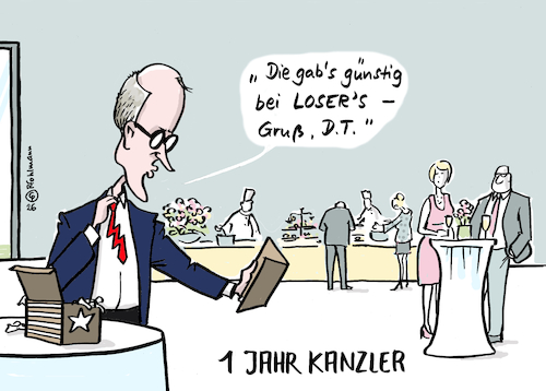 Cartoon: Jubiläums-Krawatte (medium) by Pfohlmann tagged merz,bundeskanzler,jubiläum,glückwünsche,party,feier,trump,krawatte,loser,irankrieg,geschenk,usa,präsident,billig,merz,bundeskanzler,jubiläum,glückwünsche,party,feier,trump,krawatte,loser,irankrieg,geschenk,usa,präsident,billig