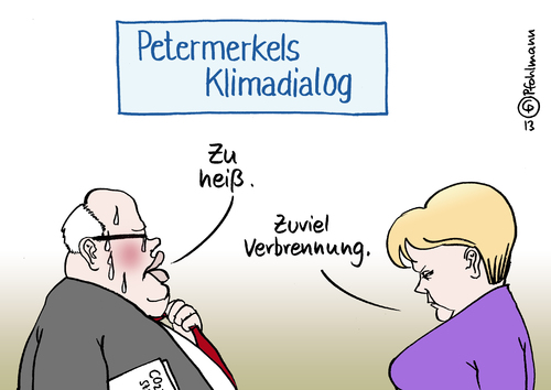 Cartoon: Klimadialog (medium) by Pfohlmann tagged karikatur,cartoon,color,farbe,2013,deutschland,petersberger,klimadialog,klima,klimaschutz,altmaier,merkel,umweltminister,bundeskanzlerin,kanzlerin,gespräch,erwärmung,warm,erderwärmung,klimawandel,klimakatastrophe,verbrennung,co2,kohlendioxid,klimakonferenz,karikatur,cartoon,color,farbe,2013,deutschland,petersberger,klimadialog,klima,klimaschutz,altmaier,merkel,umweltminister,bundeskanzlerin,kanzlerin,gespräch,erwärmung,warm,erderwärmung,klimawandel,klimakatastrophe,verbrennung,co2,kohlendioxid,klimakonferenz