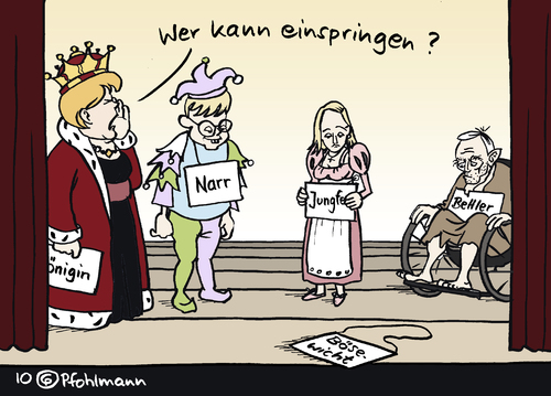 Cartoon: Kochs Nachfolge (medium) by Pfohlmann tagged koch,roland,hessen,ministerpräsident,rückzug,rücktritt,theater,rolle,merkel,cdu,regierung,bösewicht,schauspieler,königin,jungfer,bettler,narr,bühne,roland koch,hessen,rückzug,rücktritt,rolle,angela merkel,regierung,cdu,roland,koch,angela,merkel