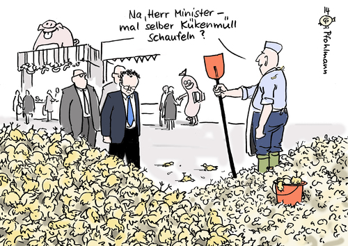 Cartoon: Kükenmüll (medium) by Pfohlmann tagged karikatur,cartoon,color,farbe,2014,deutschland,grüne,woche,friedrich,agrarminister,landwirtschaft,landwirtschaftsminister,küken,müll,tote,lebensmittelindustrie,tierhaltung,massentierhaltung,tierproduktion,messe,berlin,schaufel,schaufeln,karikatur,cartoon,color,farbe,2014,deutschland,grüne,woche,friedrich,agrarminister,landwirtschaft,landwirtschaftsminister,küken,müll,tote,lebensmittelindustrie,tierhaltung,massentierhaltung,tierproduktion,messe,berlin,schaufel,schaufeln